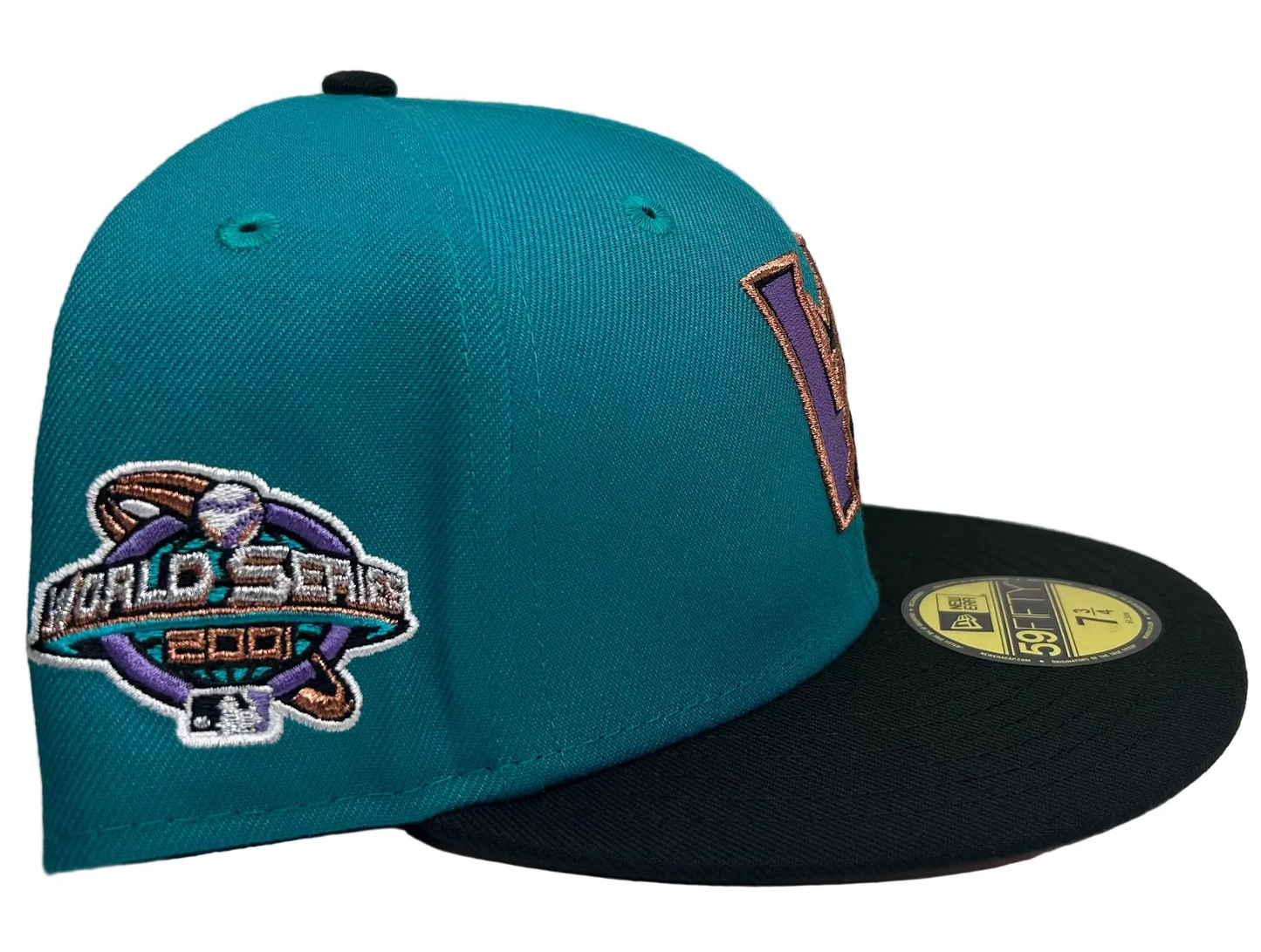New Era Arizona Diamondbacks "Upside Down" 59FIFTY fitted hat featuring a teal crown, black brim, and a 2001 World Series side patch W/ a Pink a UV.