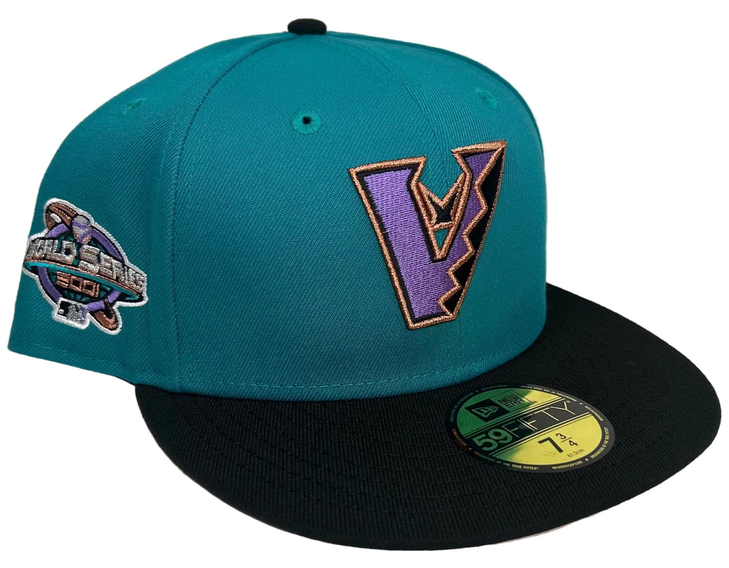 New Era Arizona Diamondbacks "Upside Down" 59FIFTY fitted hat featuring a teal crown, black brim, and a 2001 World Series side patch W/ a Pink a UV.