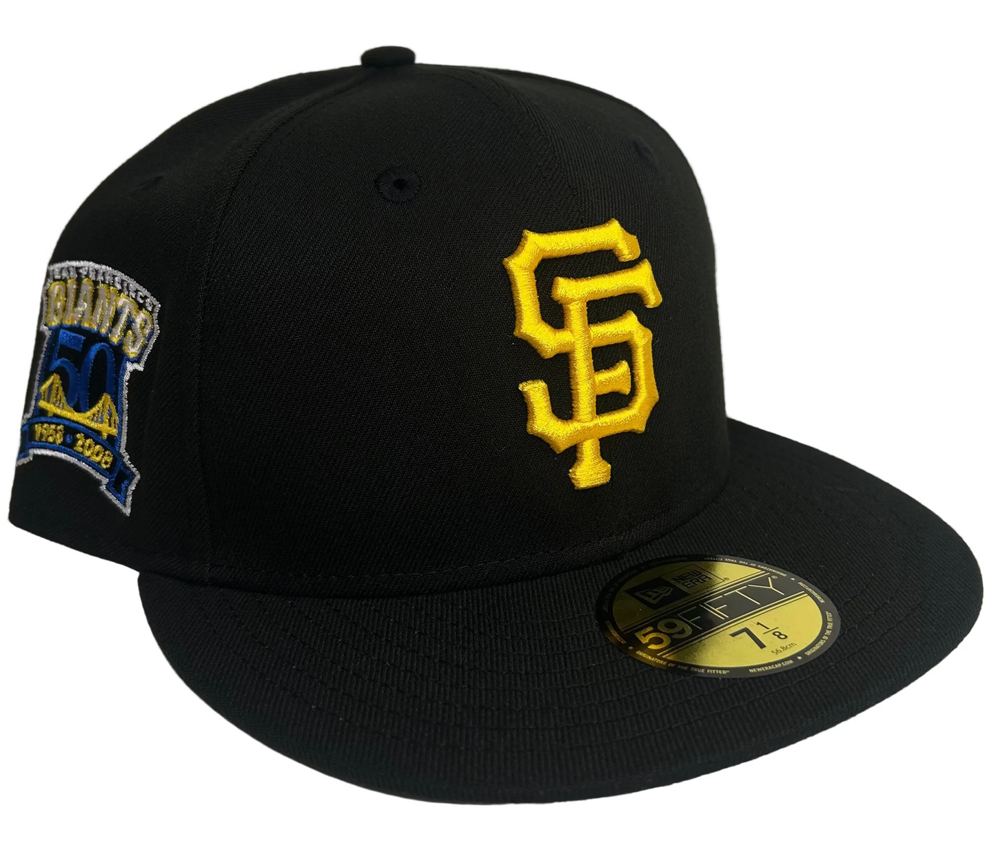 New Era San Francisco Giants 59FIFTY fitted hat in black with a striking yellow embroidered team logo and a commemorative side patch.