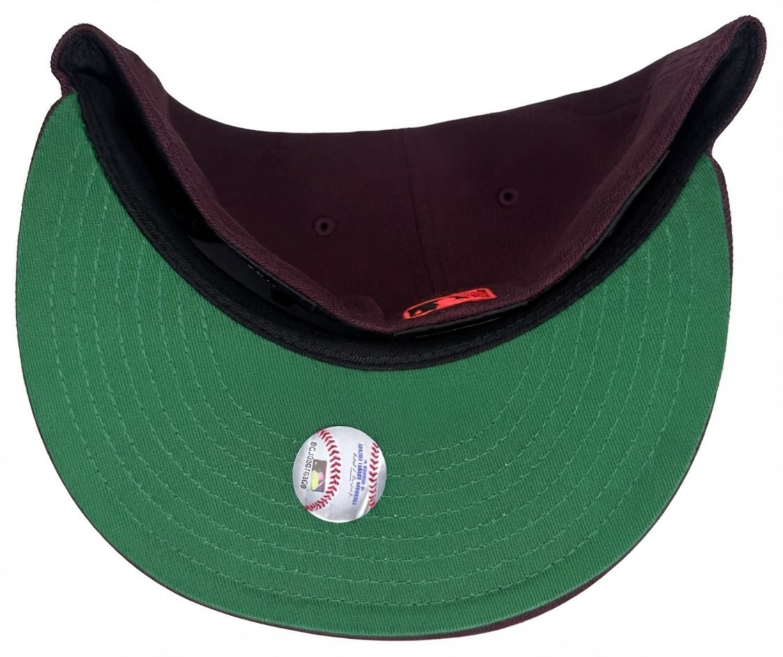 Maroon Los Angeles Dodgers 59FIFTY fitted hat from New Era's "Color Fam Lava" collection, featuring a vibrant red team logo and a commemorative 1984 Los Angeles Olympic side patch.