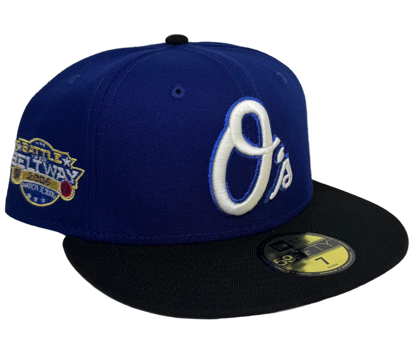 New Era 59FIFTY Baltimore Orioles fitted hat featuring a royal blue crown, a black flat brim, and a 2006 Battle of the Beltway side patch “Penny Foams” ATR By: T.V.B.