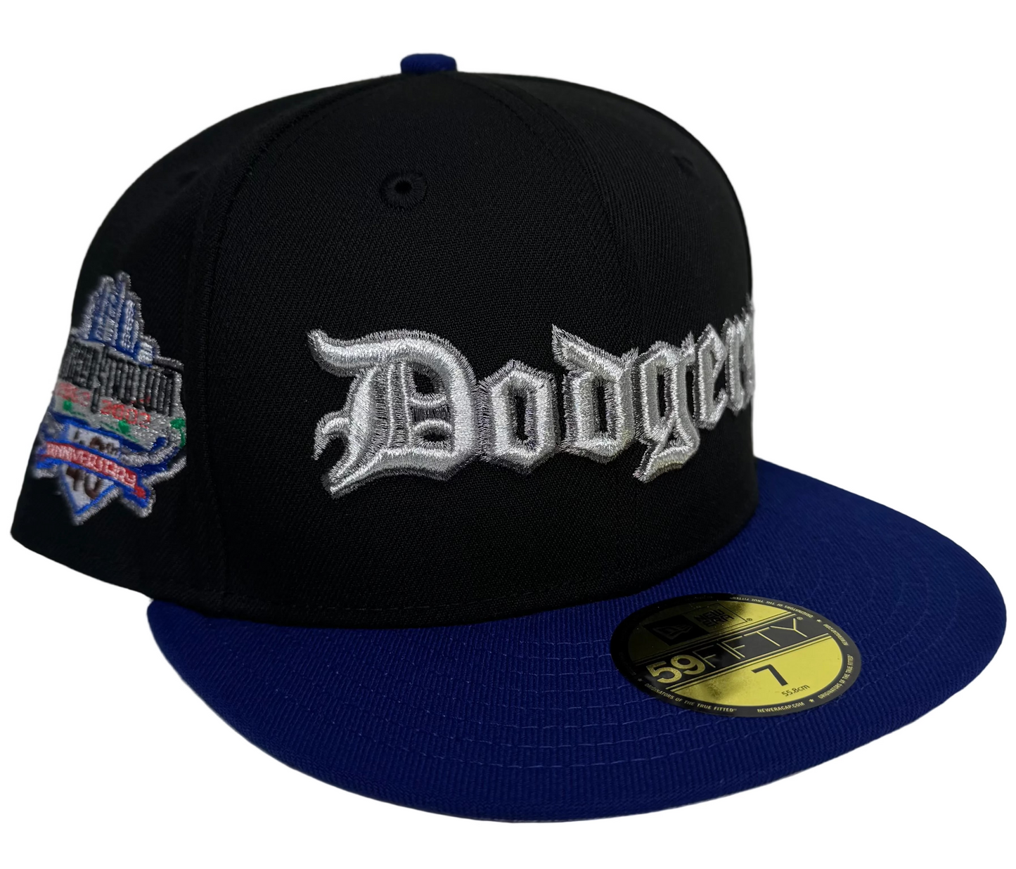 New Era 59Fifty Flawless Victory Los Angeles Dodgers 40th Anniversary Patch Old English Script Hat featuring a black crown and a royal blue brim.