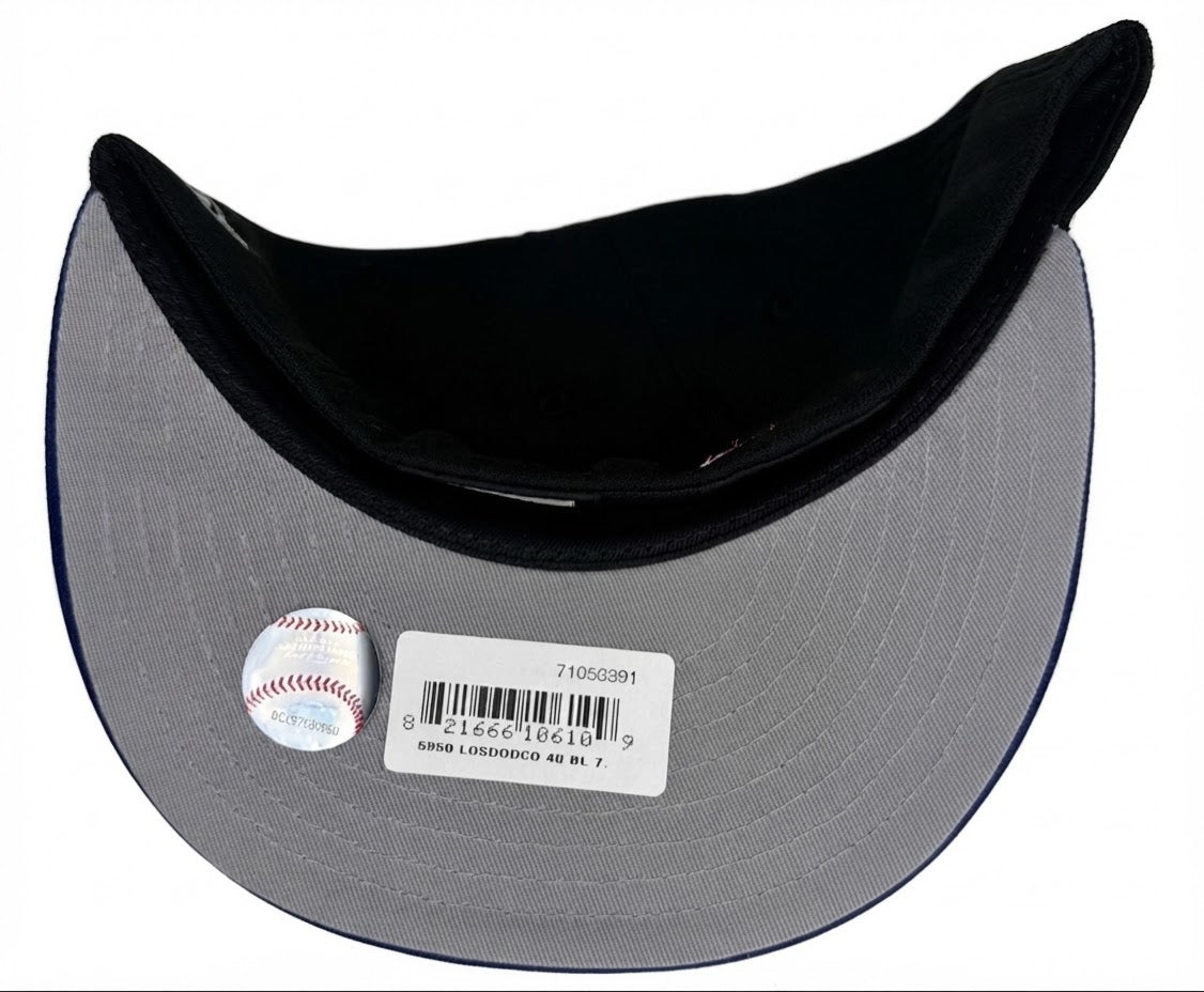 New Era 59Fifty Flawless Victory Los Angeles Dodgers 40th Anniversary Patch Old English Script Hat featuring a black crown and a royal blue brim.