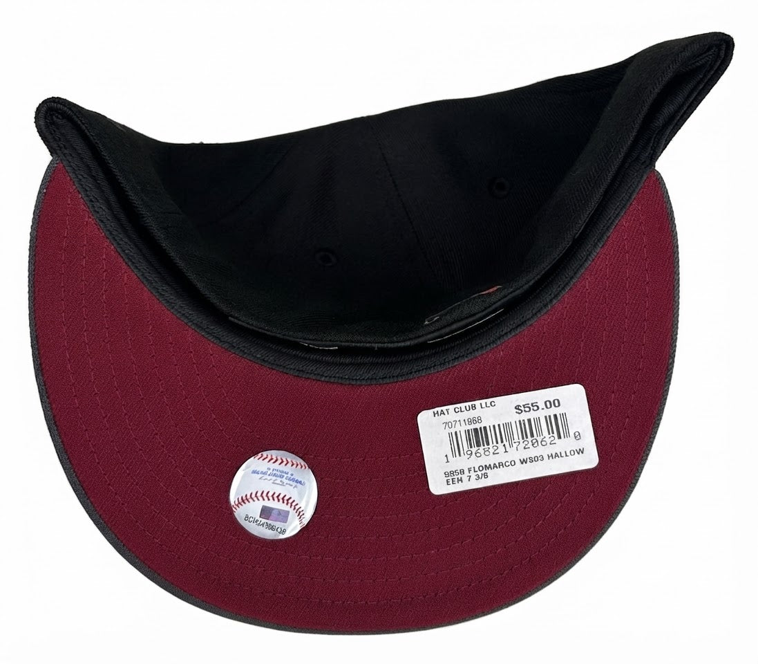 New Era 59FIFTY Florida Marlins "Jeepers Creepers" Horror Pack fitted hat in black, gray, and red with a World Series side patch.