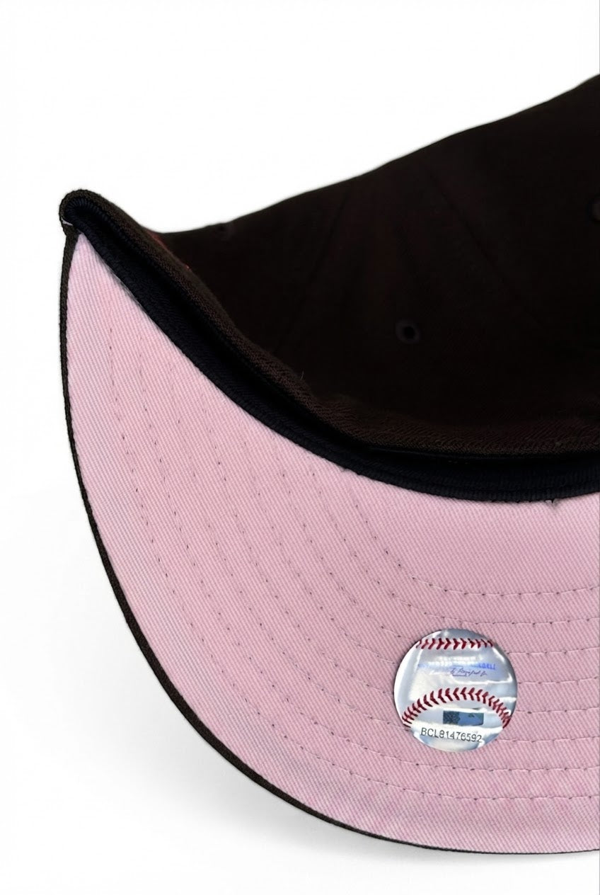 New Era 59FIFTY Los Angeles Dodgers "Sneaky Mocha Script" fitted hat MP in a brown colorway with a cursive "Los Angeles" script embroidery and a World Series side patch.