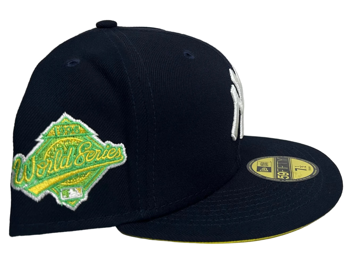 New Era New York Yankees 59FIFTY fitted hat featuring a vibrant green and yellow 1996 World Series side patch.