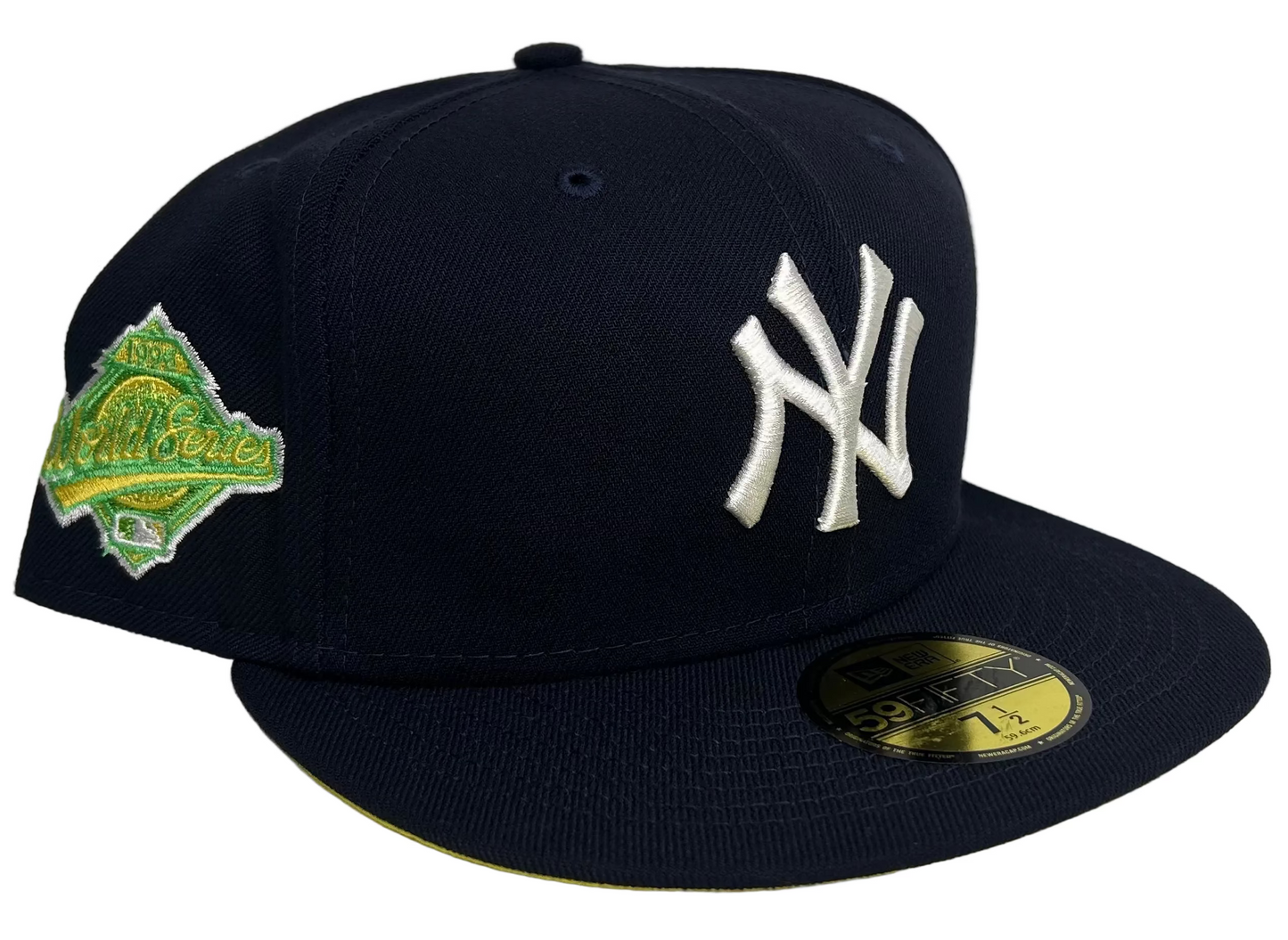 New Era New York Yankees 59FIFTY fitted hat featuring a vibrant green and yellow 1996 World Series side patch.
