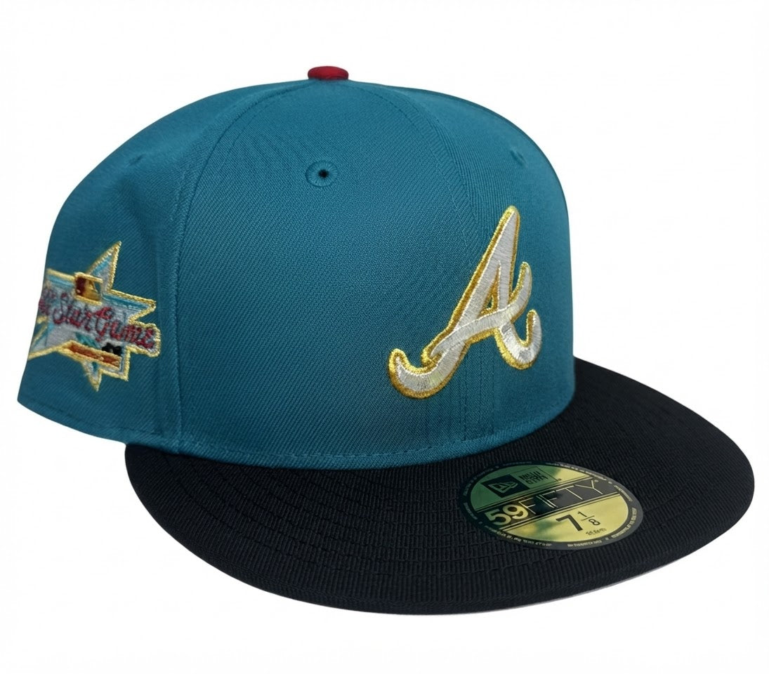New Era 59FIFTY Atlanta Braves fitted hat Teal/ Black features a metallic gold and white embroidered "A" logo alongside a commemorative side patch.