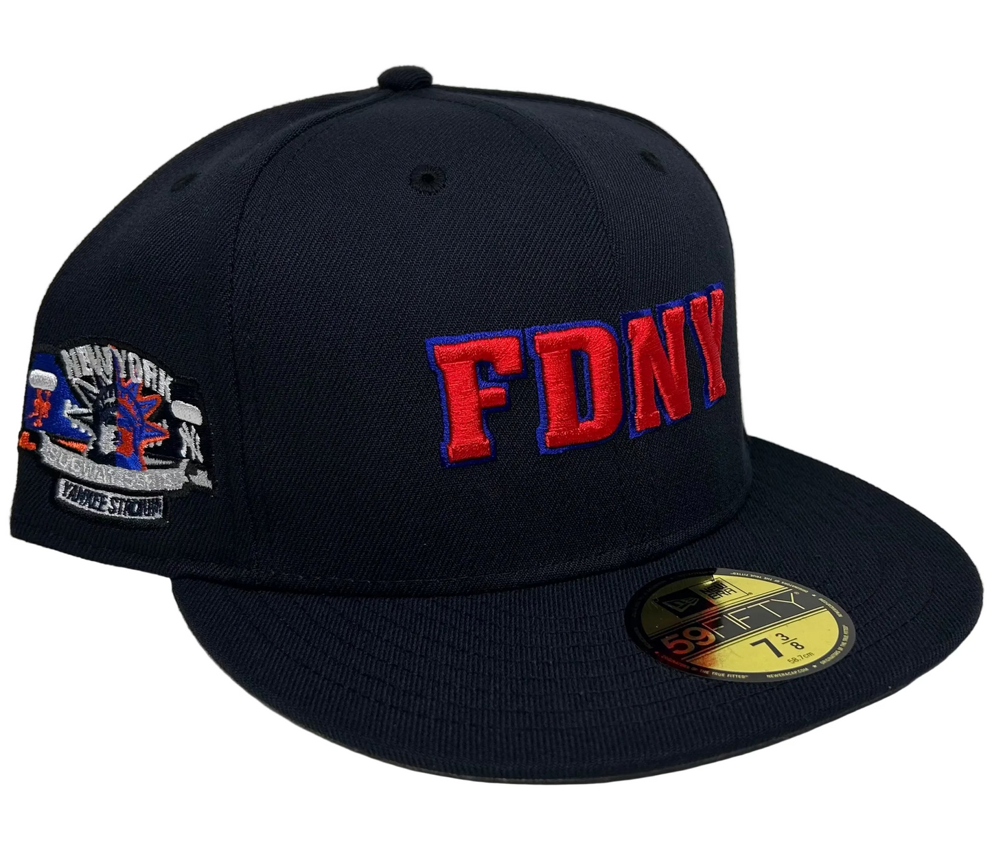 New Era 59FIFTY FDNY fitted hat featuring embroidered red and blue FDNY lettering on the front and a New York Yankees  stadium side patch/ Mets.