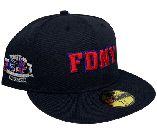 New Era 59FIFTY FDNY fitted hat featuring embroidered red and blue FDNY lettering on the front and a New York Yankees  stadium side patch/ Mets.