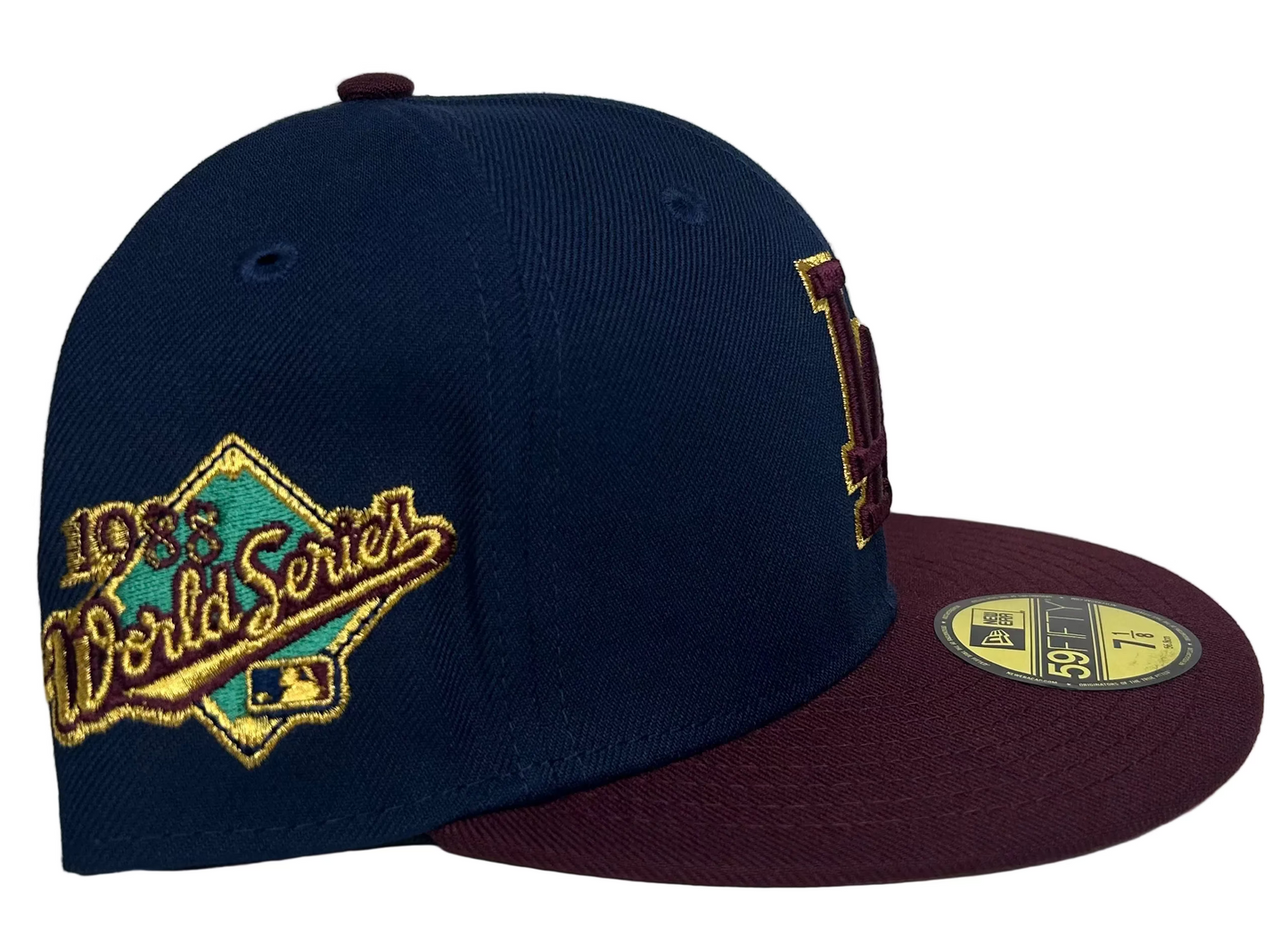 New Era 59FIFTY Los Angeles Dodgers fitted hat with a navy crown, maroon visor, and a 1988 World Series side patch.