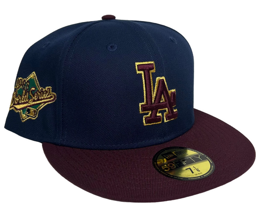 New Era 59FIFTY Los Angeles Dodgers fitted hat with a navy crown, maroon visor, and a 1988 World Series side patch.