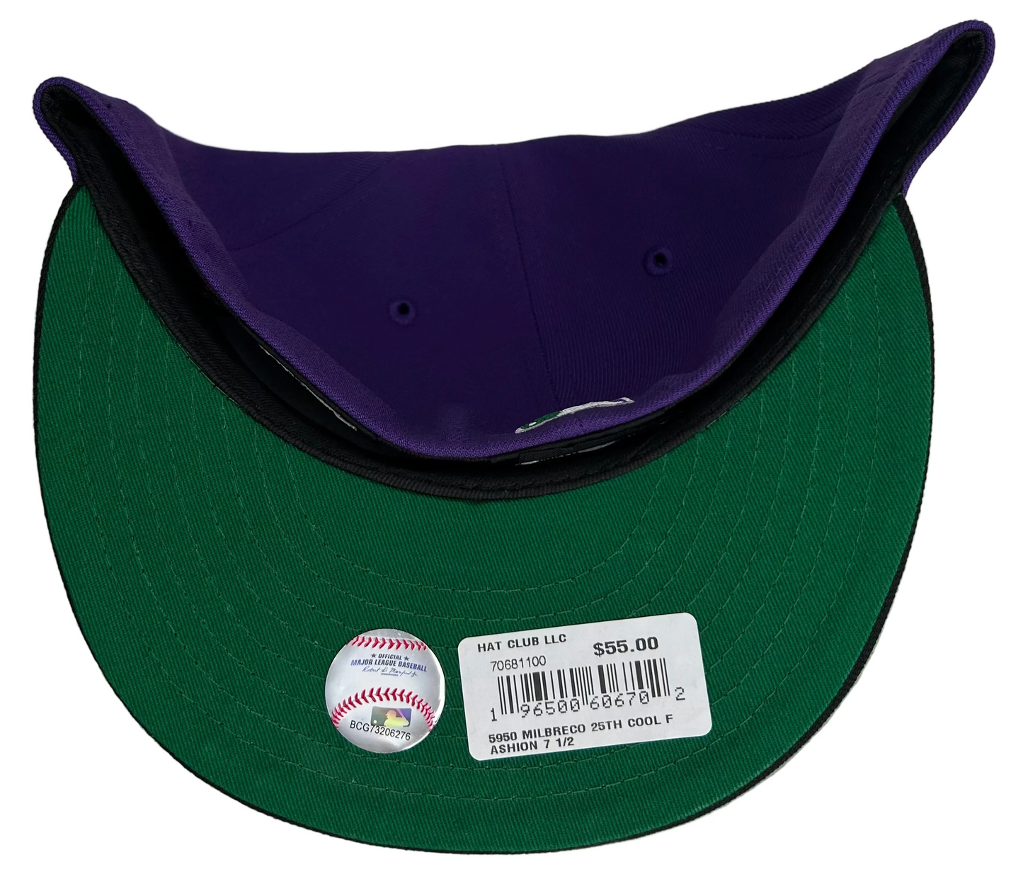New Era 59FIFTY NBA Crossover Milwaukee Brewers/Bucks fitted hat featuring a purple crown and a green-and-white Milwaukee Bucks crossover logo on the front.