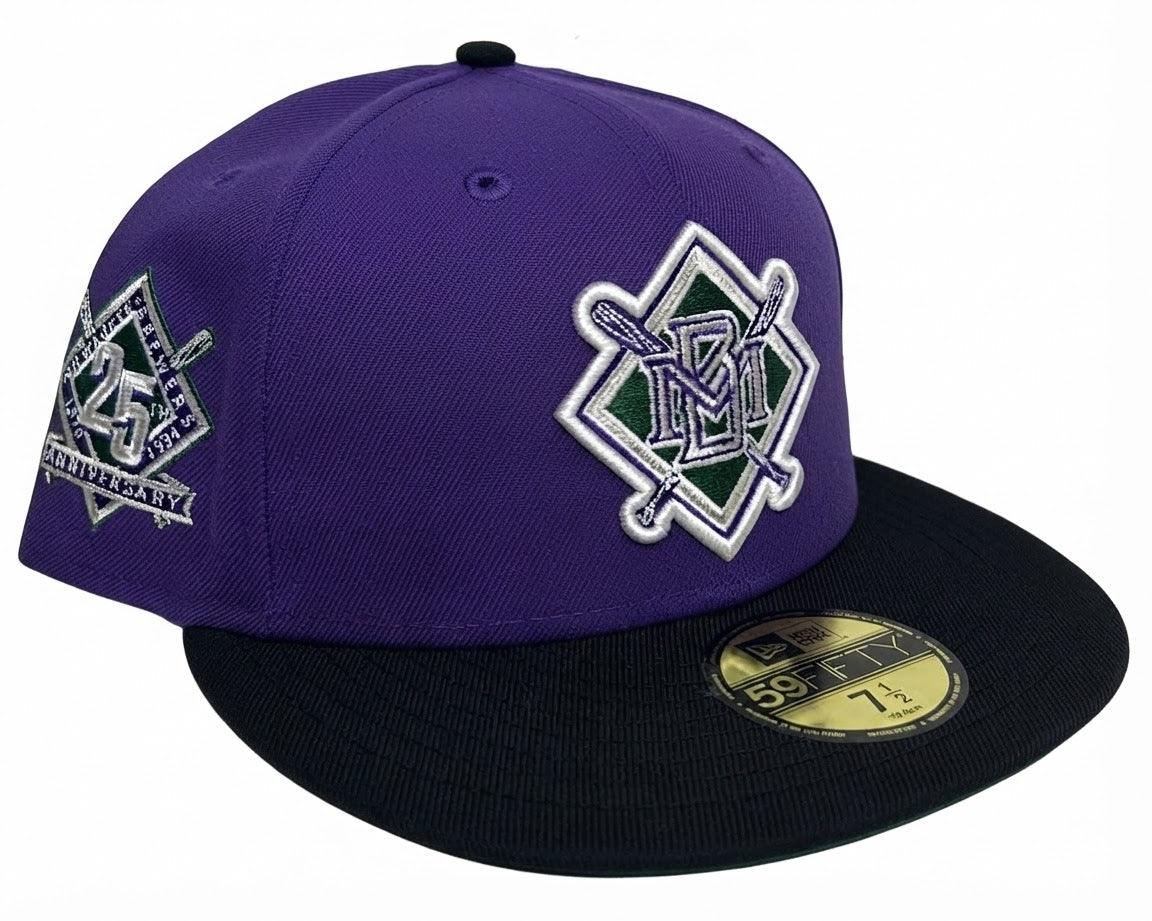 New Era 59FIFTY NBA Crossover Milwaukee Brewers/Bucks fitted hat featuring a purple crown and a green-and-white Milwaukee Bucks crossover logo on the front.