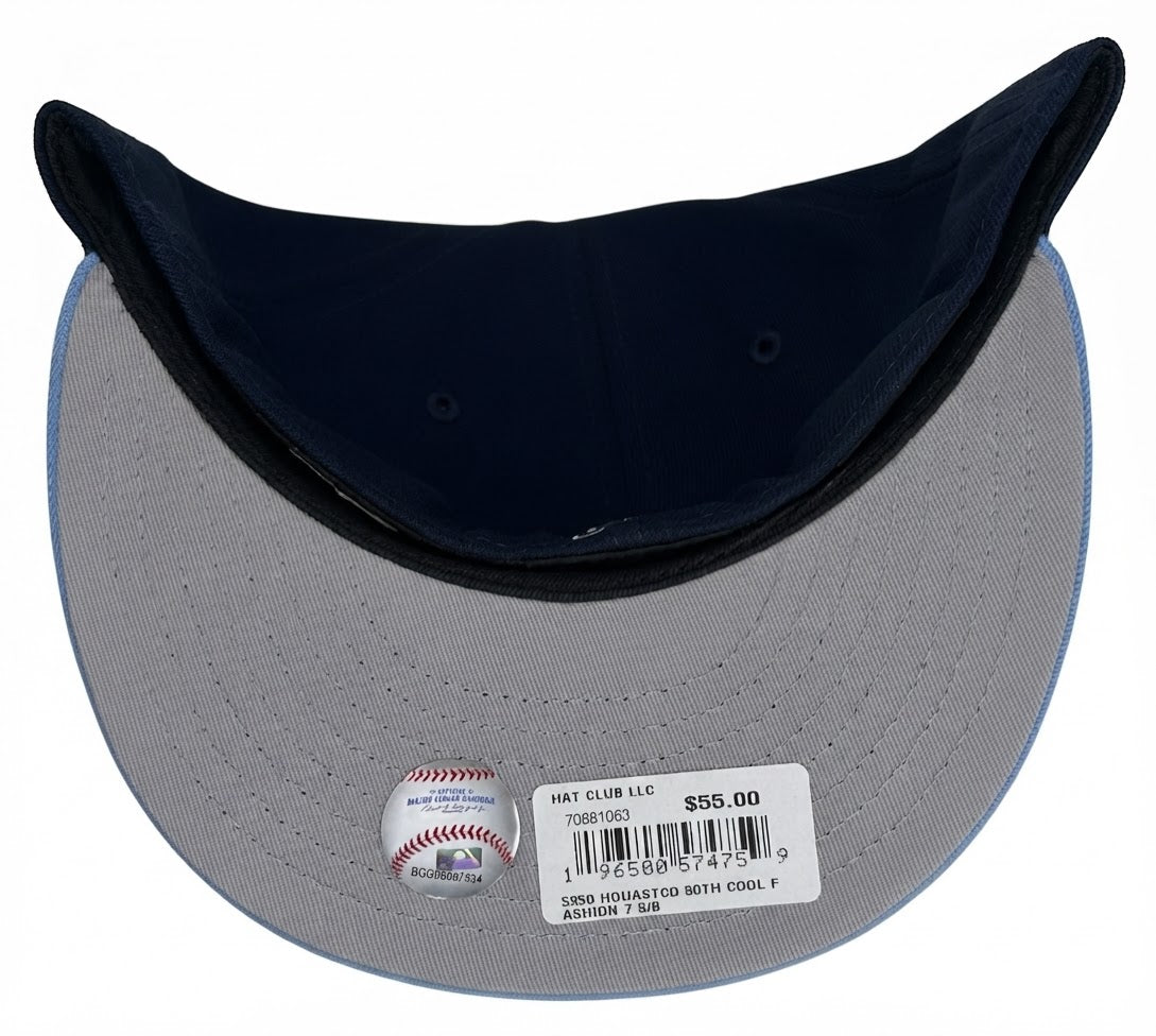 Houston Astros 50th Anniversary Patch 59Fifty Fitted Hat, featuring a navy crown, light blue brim, and a side patch commemorating the team's 50th anniversary (1962–2012).