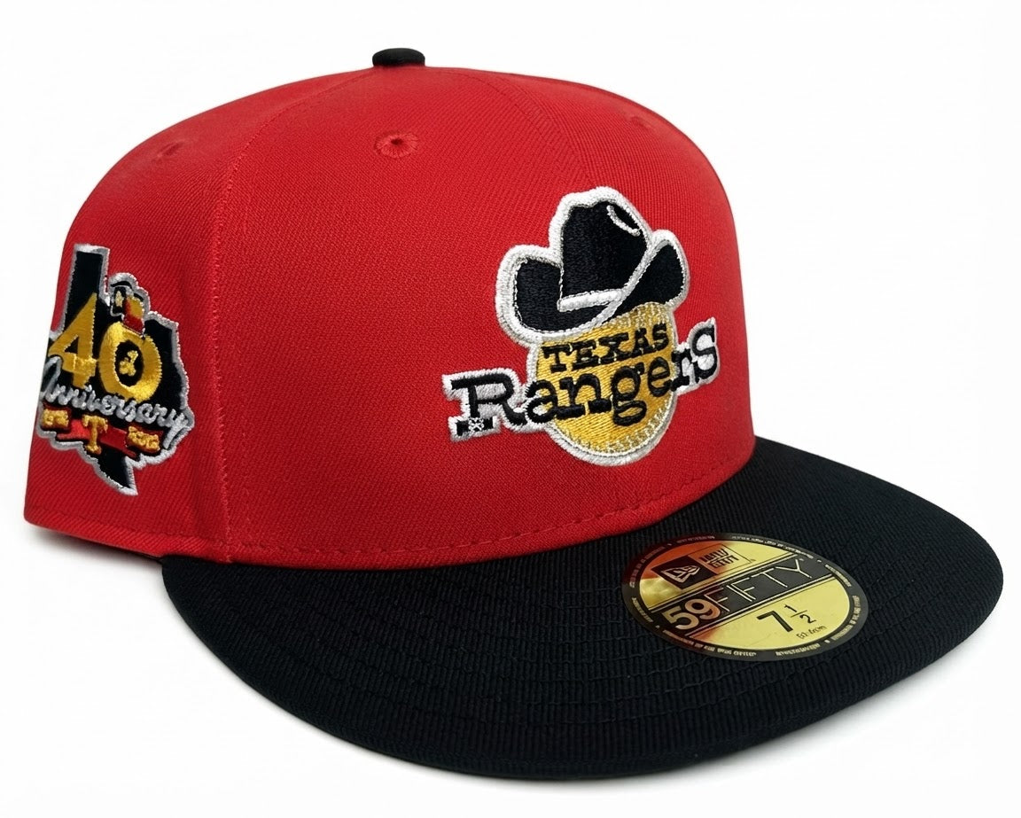 New Era 59FIFTY fitted hat featuring a Texas Rangers logo on the front and a 40th Anniversary side patch.