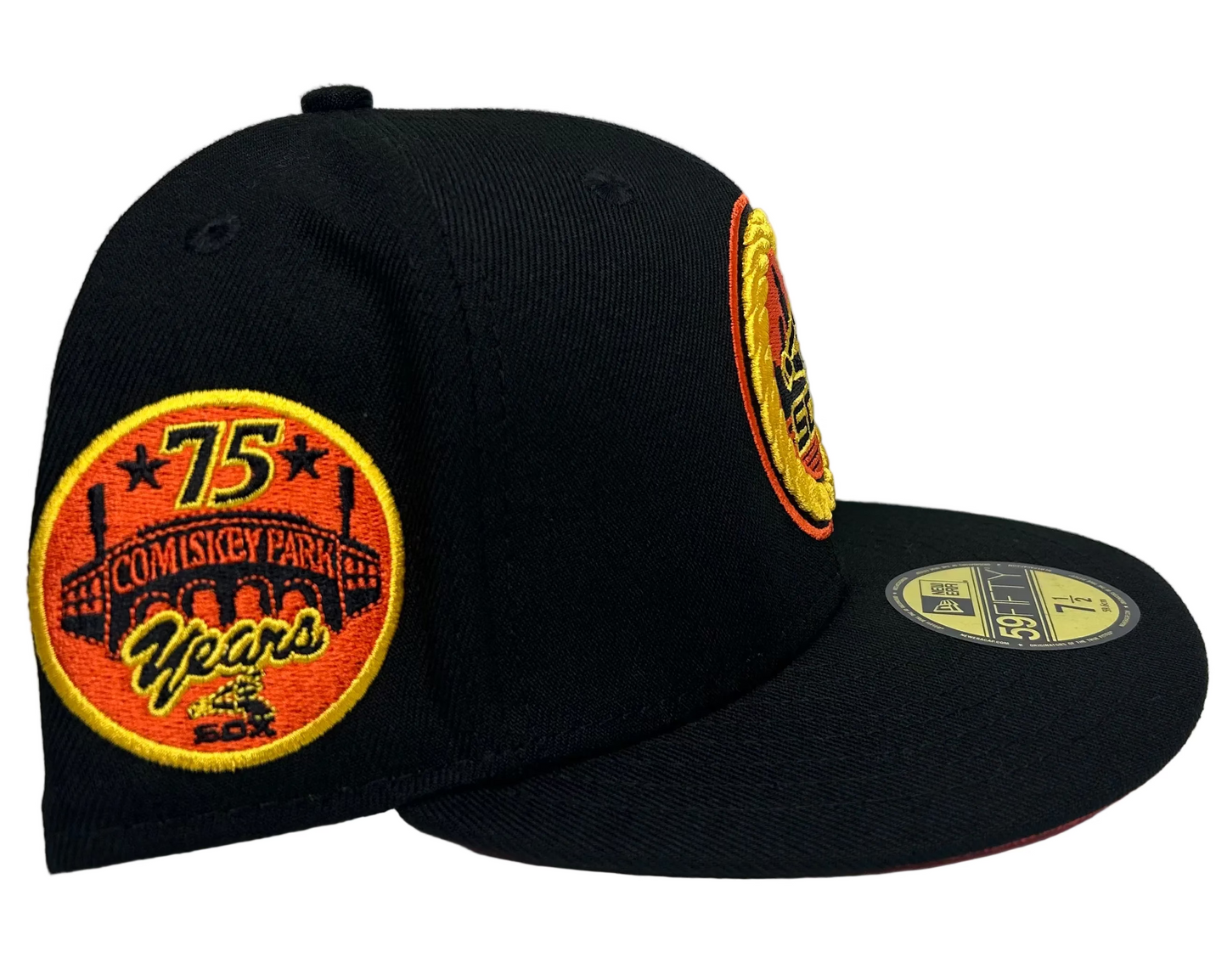 New Era 59FIFTY Chicago White Sox "Trick or Treat" / 75 Years Comiskey Park fitted hat in black with an orange/yellow rope-style team logo and a commemorative side patch.