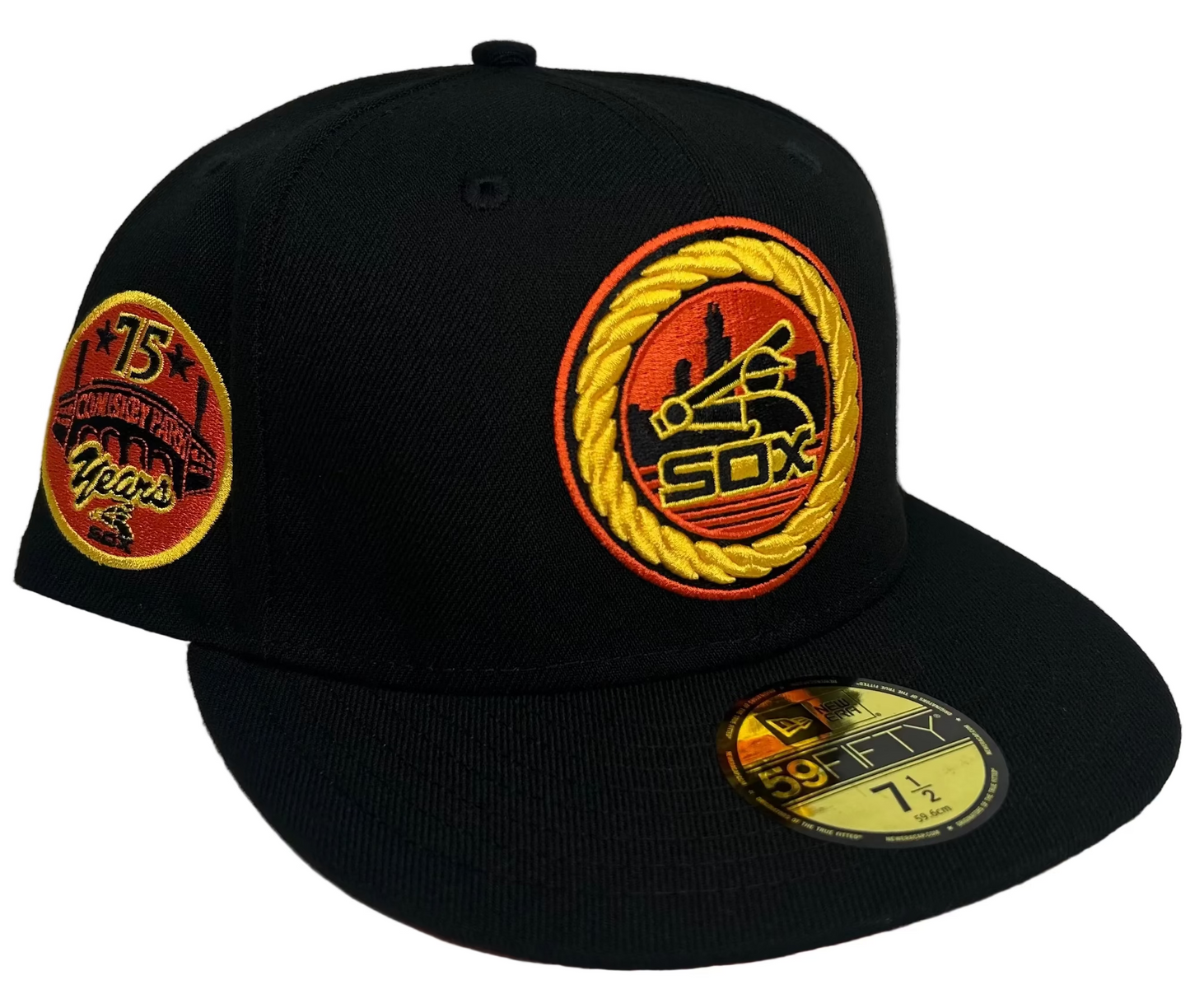 New Era 59FIFTY Chicago White Sox "Trick or Treat" / 75 Years Comiskey Park fitted hat in black with an orange/yellow rope-style team logo and a commemorative side patch.