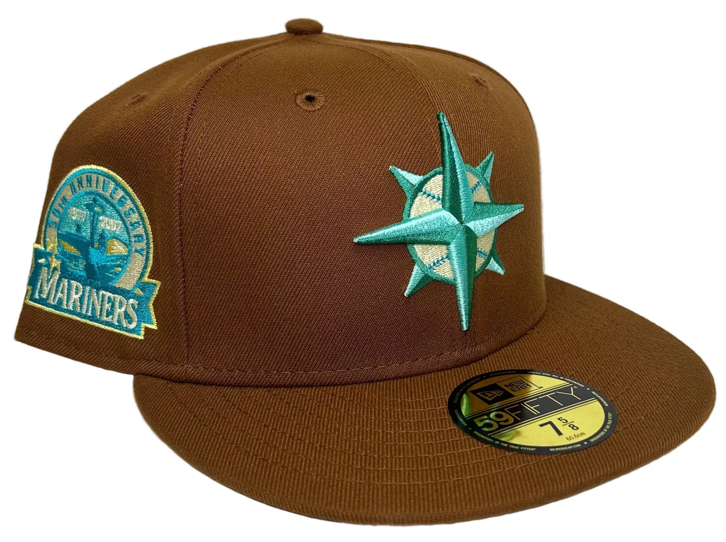 New Era 59FIFTY Seattle Mariners fitted hat featuring a vibrant teal compass logo on the front and a 30th-anniversary side patch.