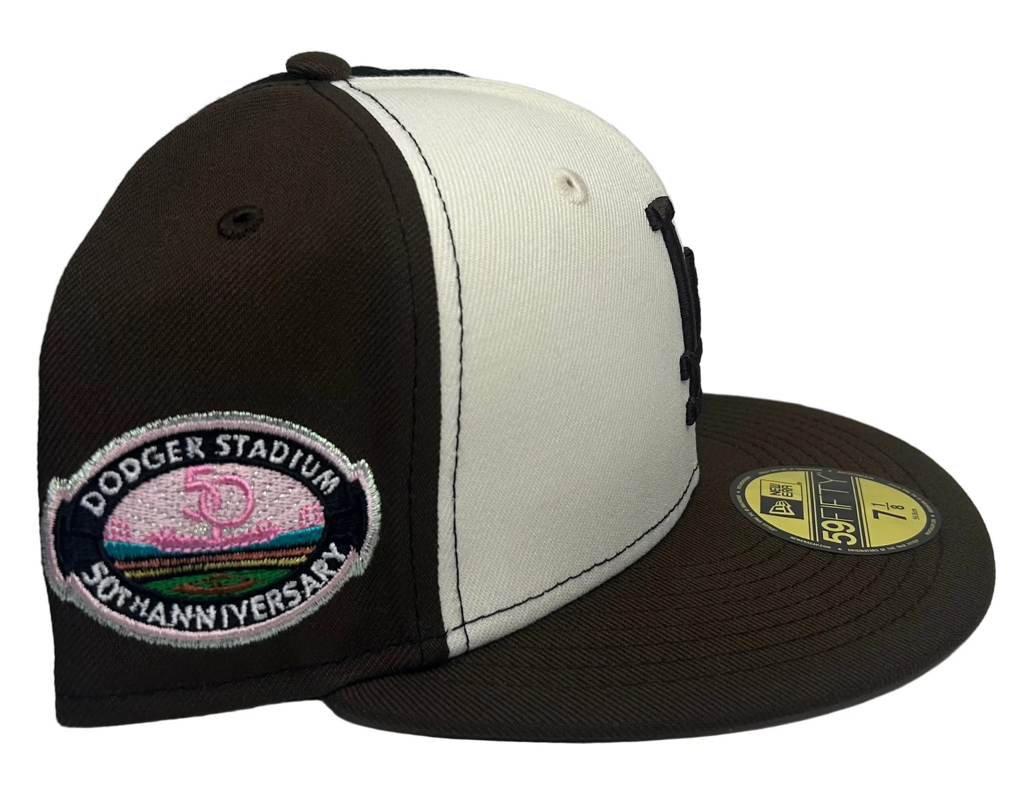 Los Angeles Dodgers New Era 59FIFTY fitted hat with a cream and brown colorway & a Dodger Stadium 50th Anniversary side patch By: TheMagpark