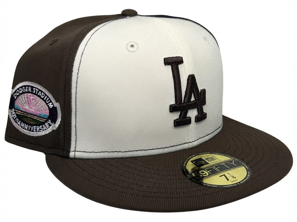 Los Angeles Dodgers New Era 59FIFTY fitted hat with a cream and brown colorway & a Dodger Stadium 50th Anniversary side patch By: TheMagpark