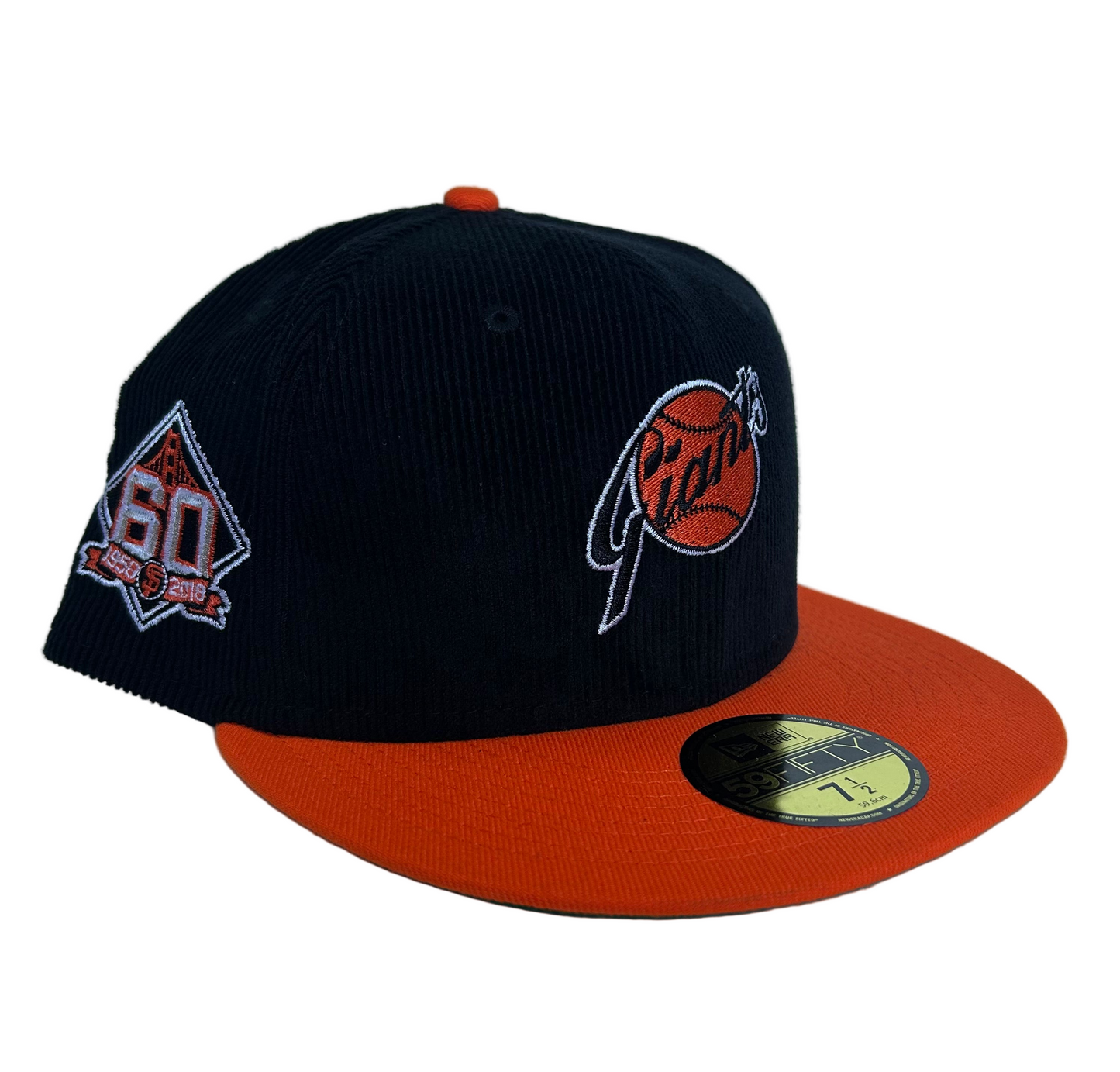 New Era 59fifty San Francisco Giants fitted Hat (corduroy) 60th Anniversary side patch.