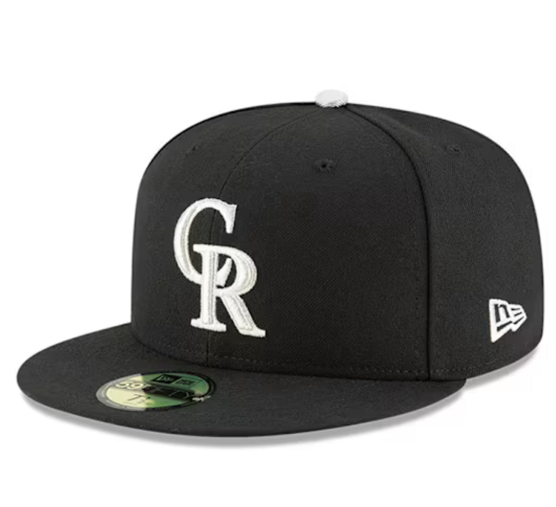 NEW ERA COLORADO ROCKIES MENS BLACK BLACK AND WHITE 59FIFTY FITTED HAT
