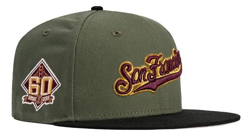 New Era San Francisco Giants 59FIFTY fitted hat with a script logo and a 60-year patch on the side.