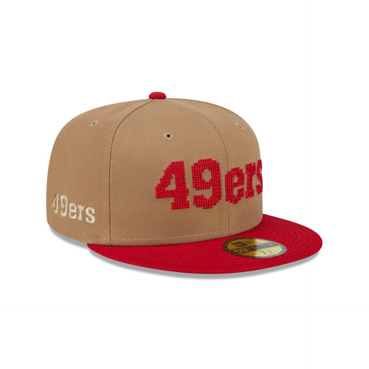 SAN FRANCISCO 49ERS FITTED NEW ERA CLASSIC 8-BIT WORDMARK 59FIFTY CAP HAT KHAKI RED
