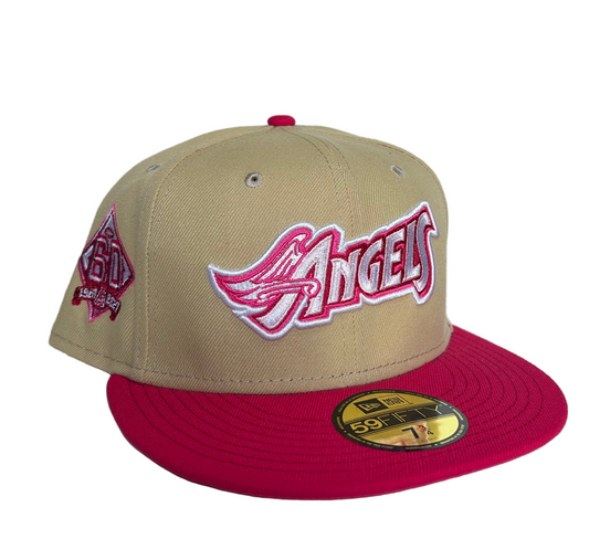Los Angeles Angels White and Pink 50th Anniversary Patch Pink UV New Era 59FIFTY Fitted Hat.