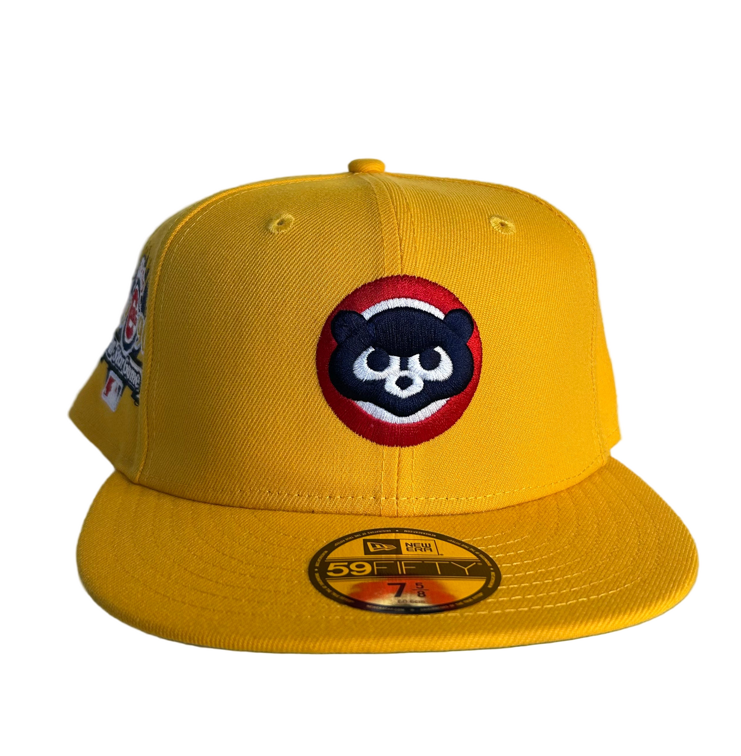 Yellow Chicago Cubs New Era 59FIFTY fitted hat with a 1990 All-Star Game side patch green UV. 