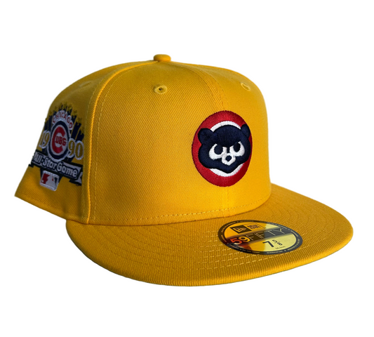 Yellow Chicago Cubs New Era 59FIFTY fitted hat with a 1990 All-Star Game side patch green UV. 
