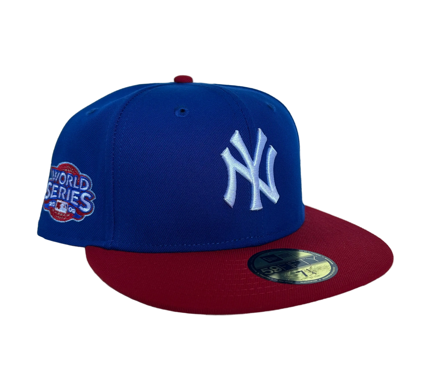 New Era 59FIFTY New York Yankees 2009 World Series side patch fitted hat in a royal blue crown and red visor