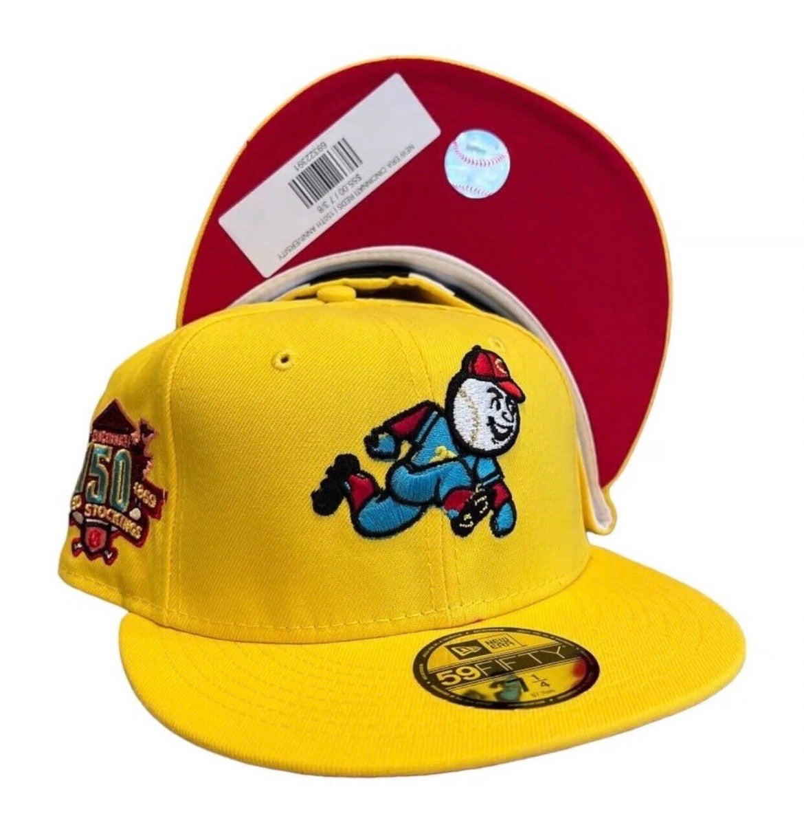 New Era Cincinnati Reds 59FIFTY fitted cap from the 150th Year celebration with a yellow crown and a red undervisor. 