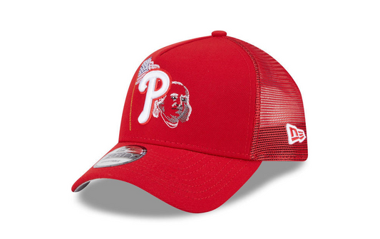 New Era Philadelphia Phillies 9FORTY A-Frame Trucker adjustable hat in red with an embroidered logo.