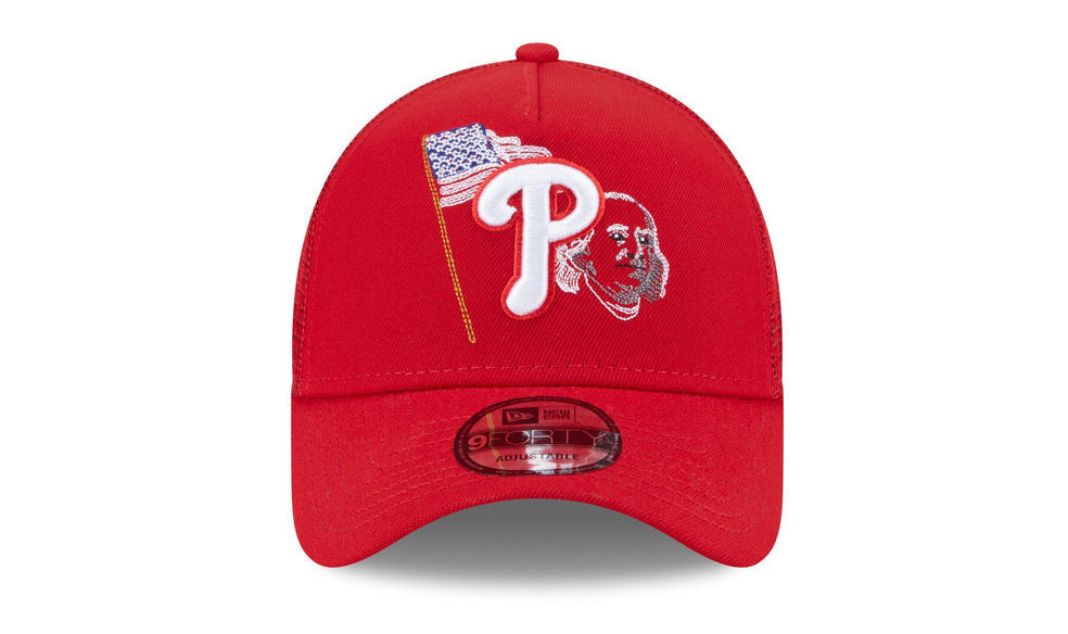 New Era Philadelphia Phillies 9FORTY A-Frame Trucker adjustable hat in red with an embroidered logo.