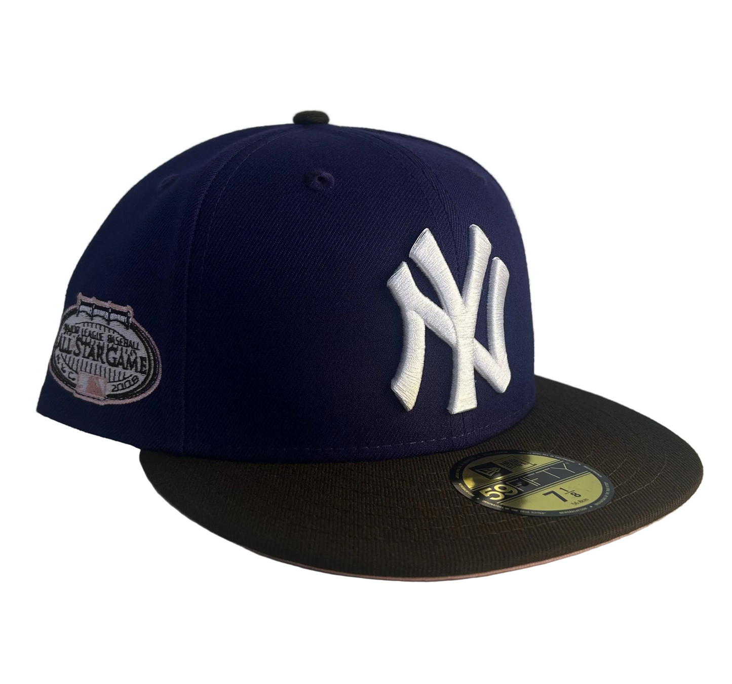 New Era 59FIFTY New York Yankees fitted hat purple crown with a brown brim & Peach UV, W/ 2008 All Star Game Side patch.