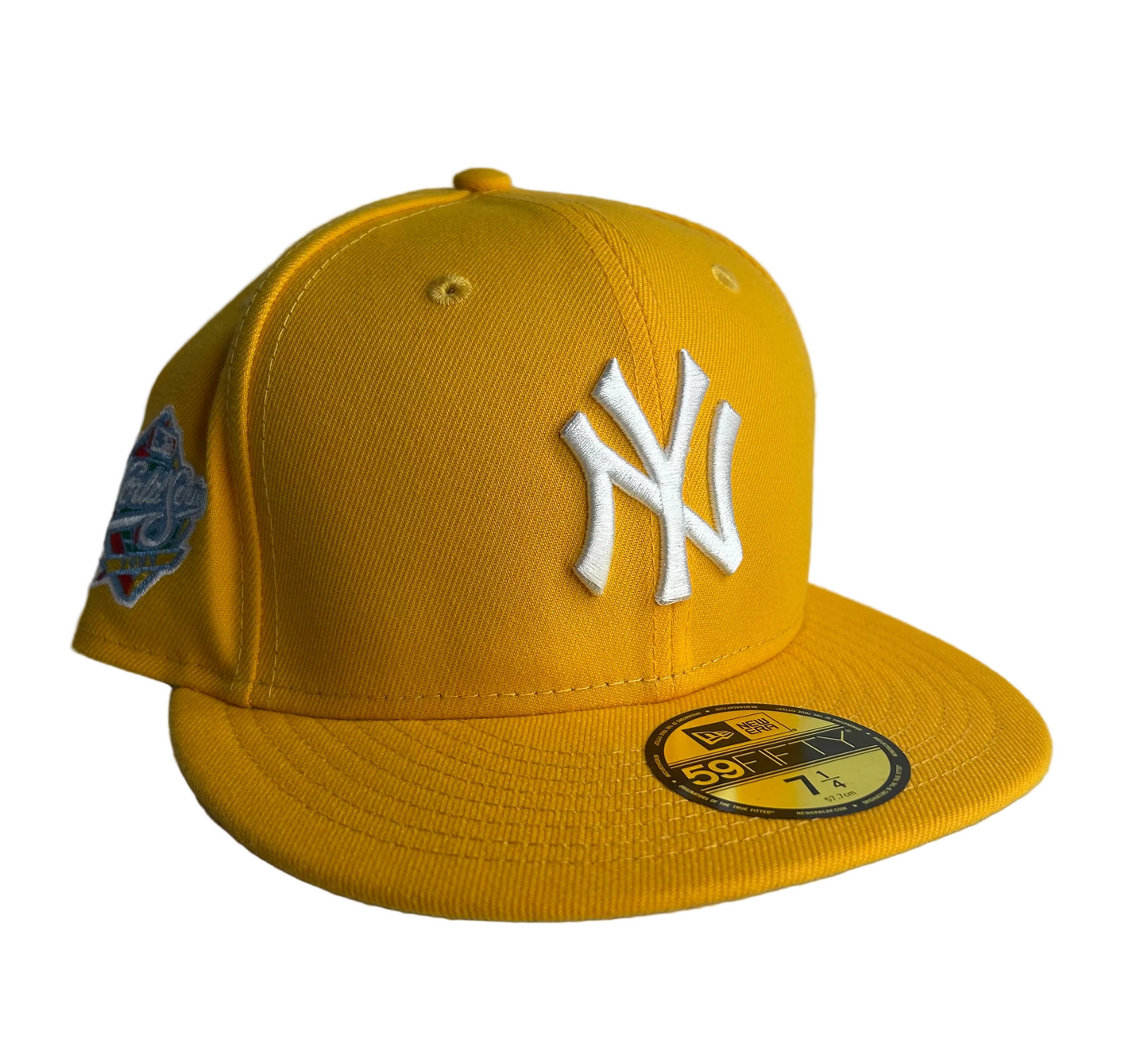 New Era New York Yankees Lemon Drop Icy UV 59FIFTY fitted hat with a 1999 World Series side patch and custom Patches.
