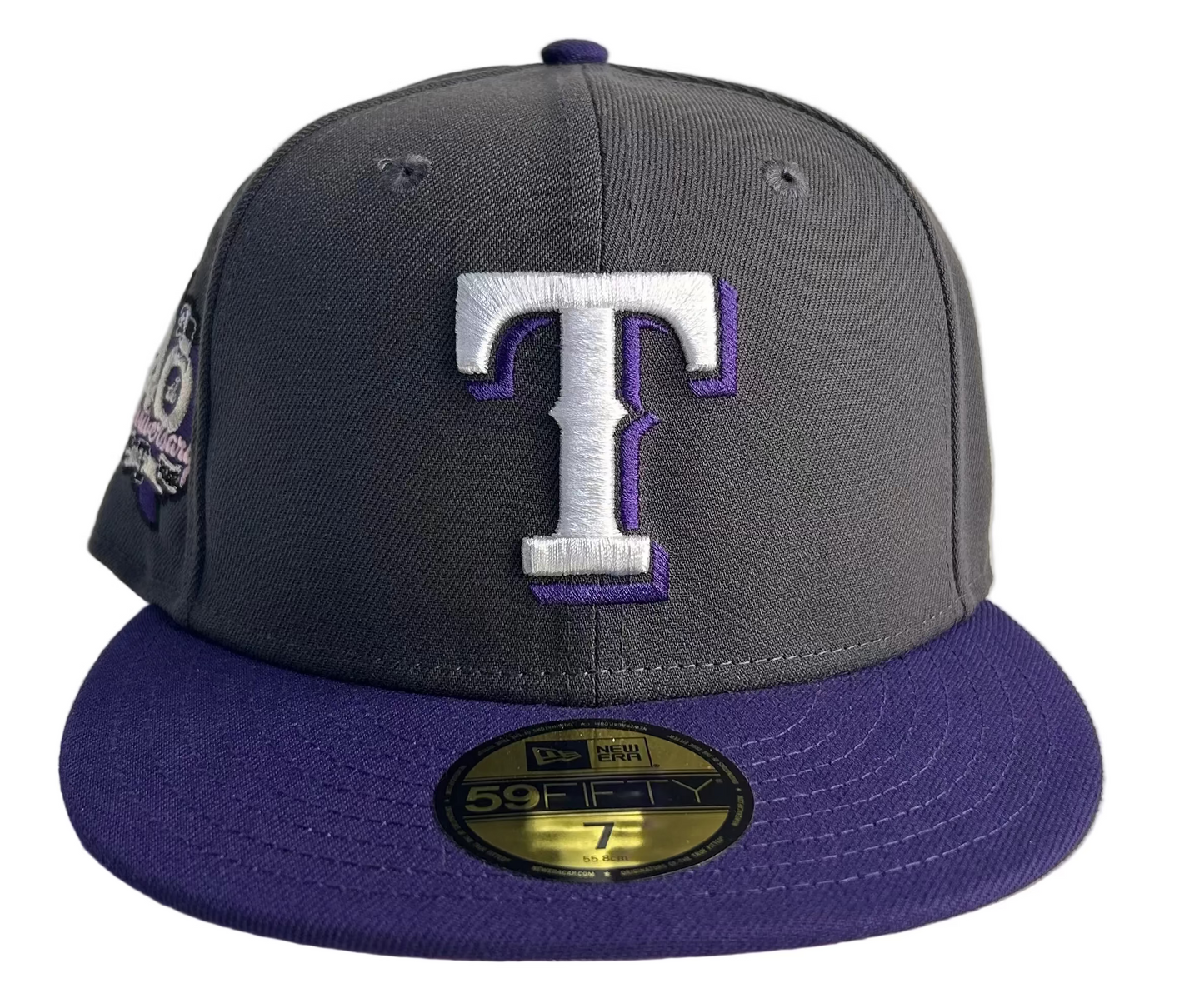 New Era 59Fifty Texas Rangers fitted hat graphite with a purple visor & Pink UV W/ a side patch of 40th Anniversary Edition.