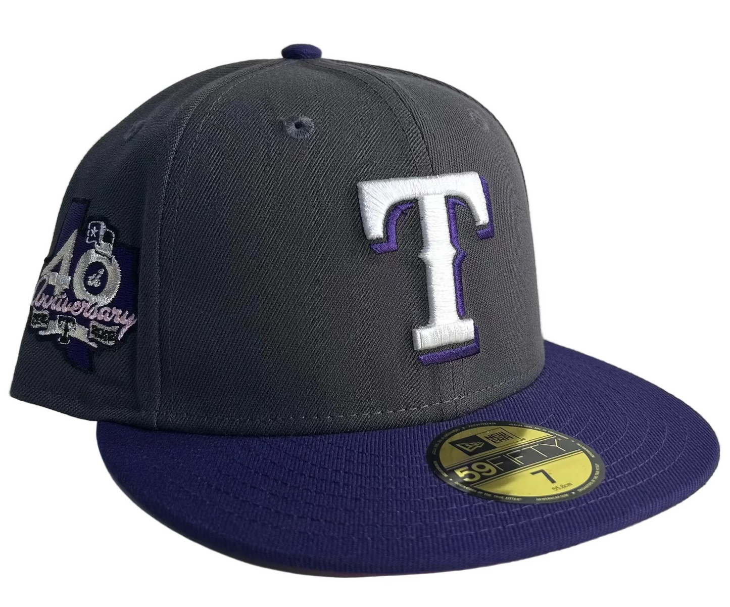 New Era 59Fifty Texas Rangers fitted hat graphite with a purple visor & Pink UV W/ a side patch of 40th Anniversary Edition.