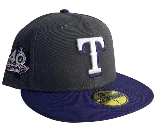 New Era 59Fifty Texas Rangers fitted hat graphite with a purple visor & Pink UV W/ a side patch of 40th Anniversary Edition.