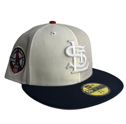 New Era St. Louis Cardinals 59Fifty fitted hat, featuring a chrome white crown, Navy visor, Gray UV & 1944 World Series side patch. 