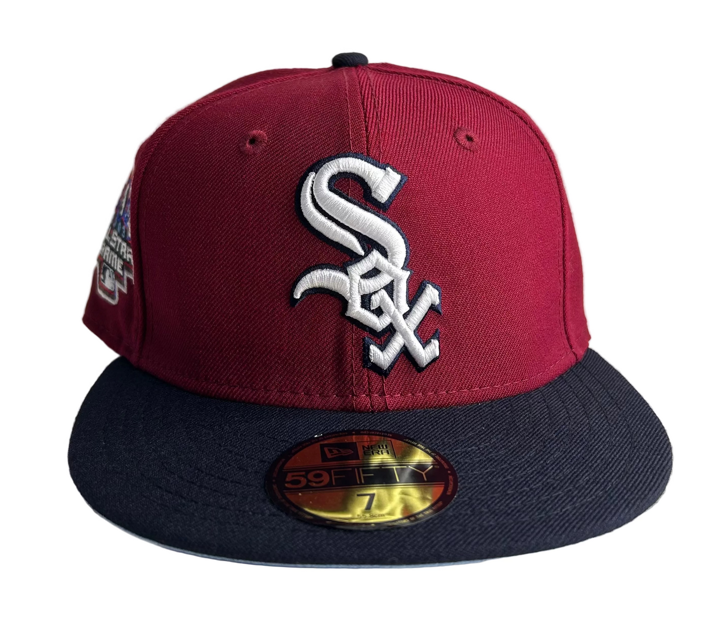 New Era 59FIFTY Chicago White Sox 2003 MLB All-Star Game side-patch fitted hat in a burgundy colorway with a navy blue brim and a white logo w/ icy blue UV.