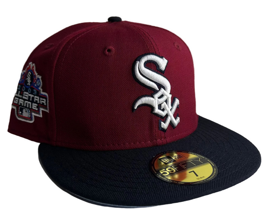 New Era 59FIFTY Chicago White Sox 2003 MLB All-Star Game side-patch fitted hat in a burgundy colorway with a navy blue brim and a white logo w/ icy blue UV.