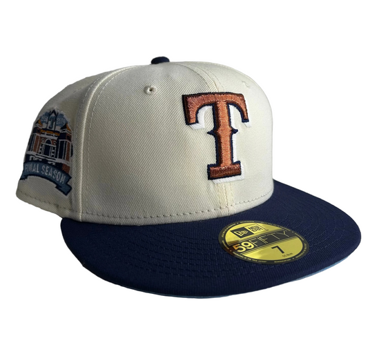 New Era 59FIFTY Texas Rangers fitted hat with an off-white crown, a navy blue brim, Copper Stitching & icy Uv. and a "Final Season" side patch. 