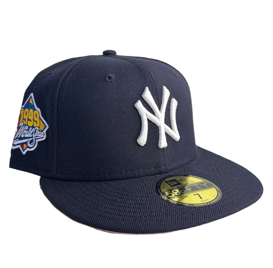 New Era New York Yankees World Series 1999 Navy Throwback Edition W/ Pink UV 59Fifty Fitted Hat. 
