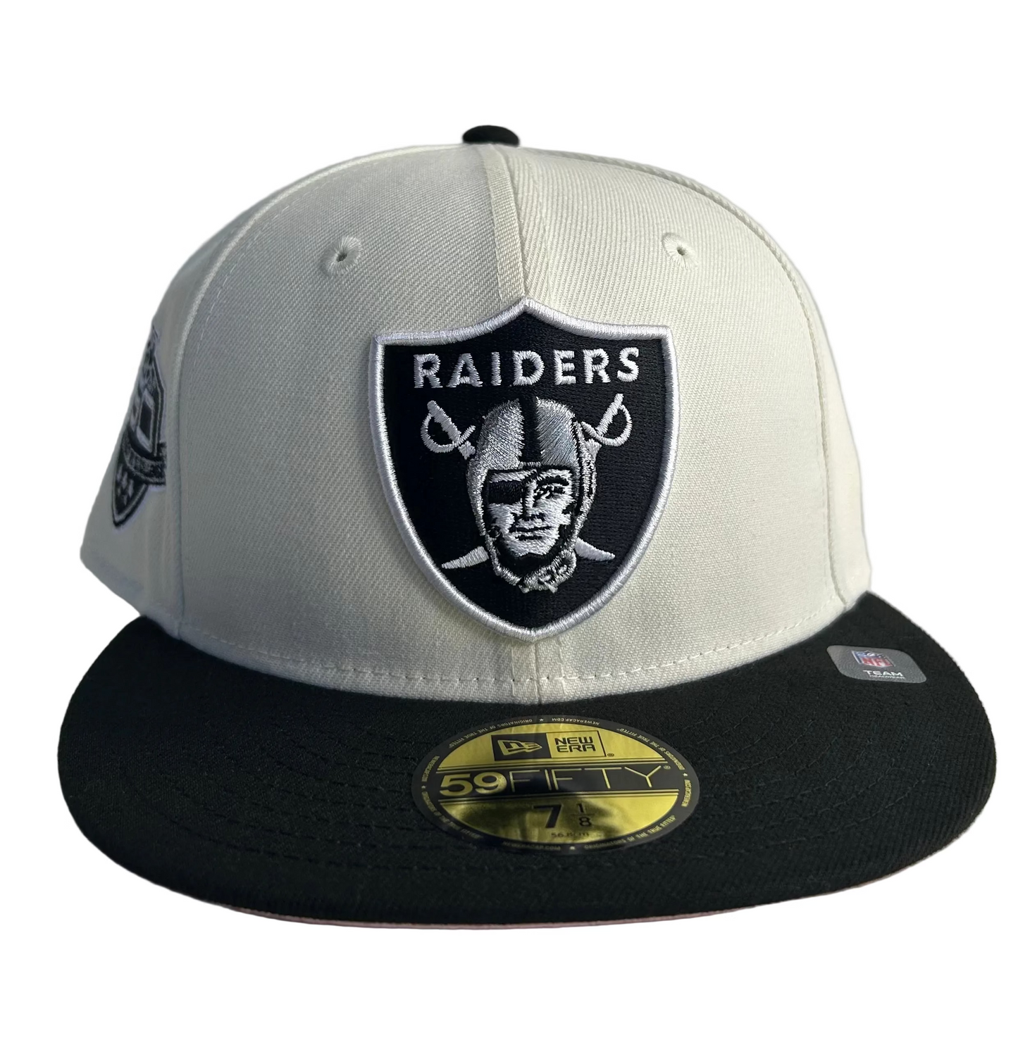 New Era Las Vegas Raiders 50th Anniversary 59FIFTY fitted hat 2-Tone White & Black W/ Pink UV.