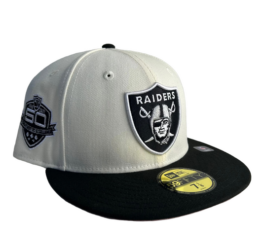 New Era Las Vegas Raiders 50th Anniversary 59FIFTY fitted hat 2-Tone White & Black W/ Pink UV.
