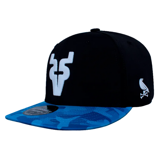 Black snapback cap with blue camouflage design, in collaboration with Club Venados De Mazatlán.