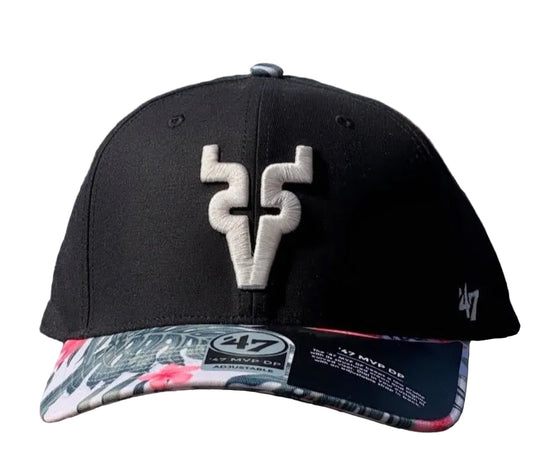 Venados De Mazatlan black '47 MVP DP adjustable cap with a white logo and a tropical pattern on the visor.